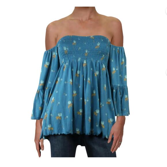 FREE PEOPLE | Lana Teal Floral Print Off Shoulder Smocked Blouse | Size XS - Picture 1 of 6